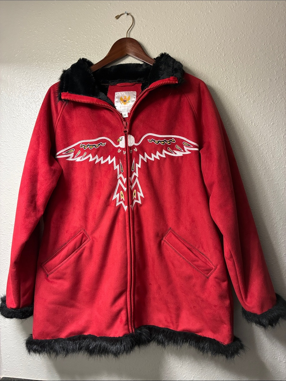 Vintage Ameri Mode Faux Suede Jacket Eagle Embroidery Trim M Y2K Western